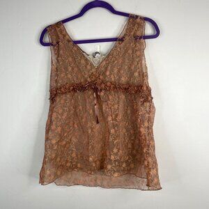 Vintage Y2K Forest Fairy Grunge Top Medium Brown Babydoll Bow Ruffle Indie Sheer